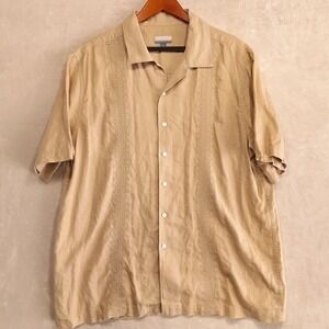 Breakwater Mens Short Sleeve Button Shirt Sz.L/Beige/100% Linen/Embroidered